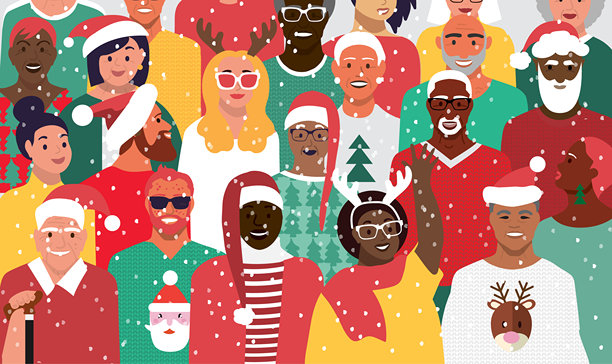圣诞节期间，一群不同肤色、年龄（年轻人、中年人、老年人或婴儿潮一代）和性别（男性和女性）的人们，穿着节日毛衣，戴着圣诞帽，其中还有残障人士，在充满活力的彩色背景下欢聚一堂。图片下载