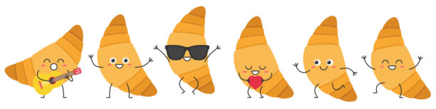 可爱的牛角包卡通角色，带着笑容、跳跃、歌唱、奔跑，表达着快乐、喜悦、可爱、开心等情感的矢量插画图标。图片下载