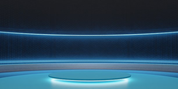 现代展厅，圆形舞台和霓虹灯，科技背景，3D插画图片下载