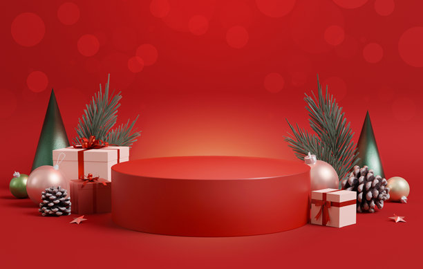 圣诞节节日展示，带有红色讲台和节日装饰。3D渲染插画图片下载