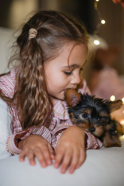 俯视角度拍摄的女孩和她的狗晚上依偎在一起睡觉的照片图片下载