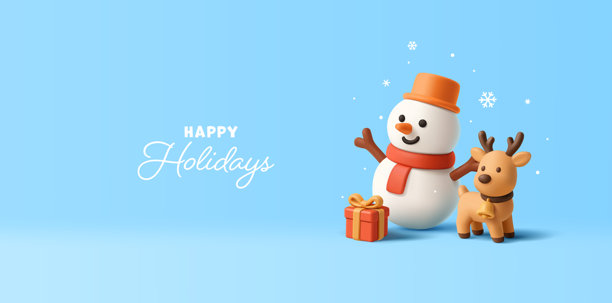 节日快乐横幅。快乐的雪人、铃铛和礼物的鹿，3D。蓝色横幅和雪。冬日魔法场景。最好的礼物。矢量插画。图片下载