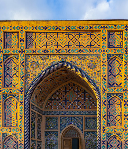 乌兹别克斯坦瓷砖、马赛克和陶瓷细节照片，撒马尔罕雷吉斯坦广场，乌兹别克斯坦图片下载