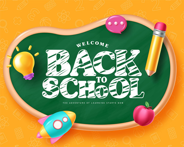 欢迎返校矢量设计模板。绿色黑板上的返校问候，留有排版空间和黄色图案背景。矢量插画学校问候模板。图片下载