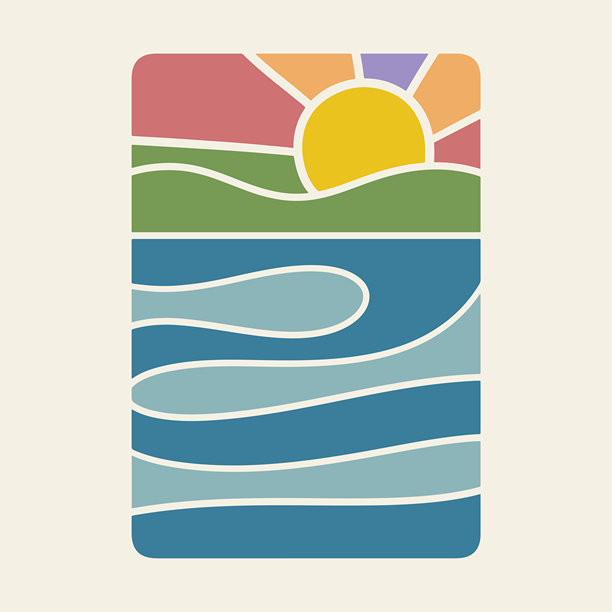 抽象简约日出海洋风景艺术。复古风格多彩大海与日落插画。夏季海滩与海浪矢量图形。抽象太阳、山丘和海浪图形图片下载