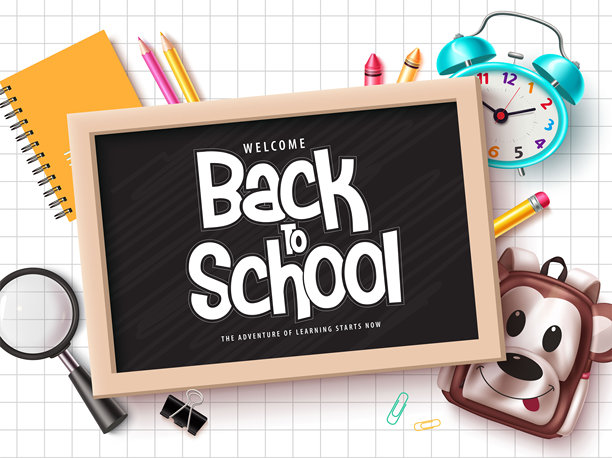 开学季矢量图模板设计。黑板空间中的开学问候，适用于排版，背景为方格纸，并带有教育元素。矢量插画图片下载