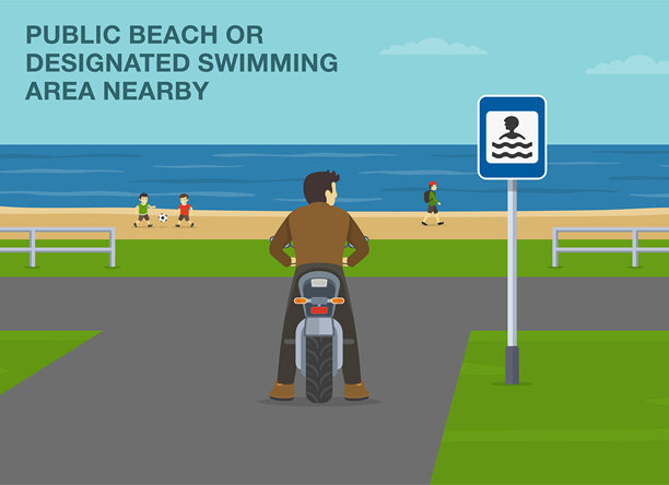 安全驾驶提示与交通法规。公共海滩风光。男性摩托车骑手在游泳区标志处停下。背面视图。矢量插画模板。图片下载