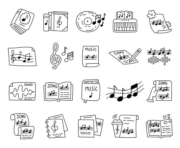 音乐素材，线条轮廓艺术，包含书籍、唱片、乐谱和创意物品，用于学习旋律、创作歌曲、探索声音构成等教育项目图片下载