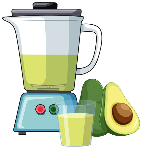 搅拌机、牛油果和新鲜冰沙杯插画图片下载