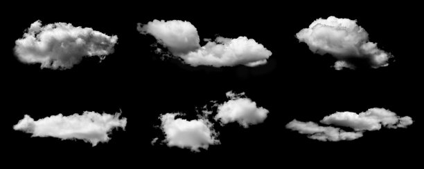 逼真的孤立白色云朵集合，黑色背景，非常适合照片编辑、天空替换、数字艺术和平面设计项目。高品质蓬松云朵，是创意构图之选。图片下载
