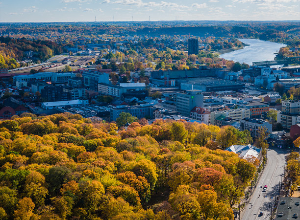 考纳斯风景，立陶宛。秋季的市中心。航拍无人机照片图片下载