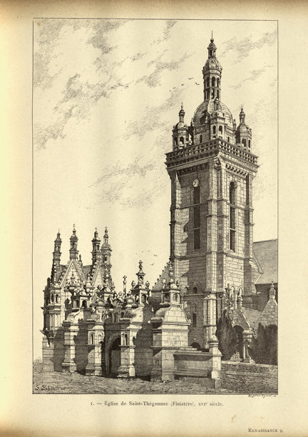 历史文艺复兴建筑，圣特贡内克教堂，钟楼，16世纪，复古插画图片下载