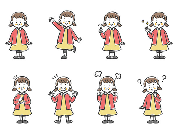 矢量插画：不同面部表情的女孩全身像图片下载