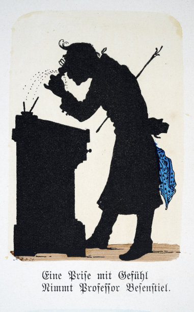 剪影卡通，患感冒流鼻涕的簿记员，蓝色手帕，维多利亚时代，19世纪，1890年代复古插画，德国图片下载