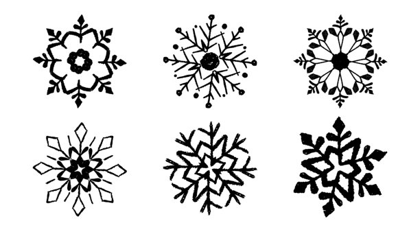 一套可爱的黑色圣诞雪花，采用柔和、蜡笔、粉笔和炭笔纹理绘制。儿童节日系列，以冰冻、颓废风格的圣诞水晶涂鸦艺术为特色。矢量插画图片下载