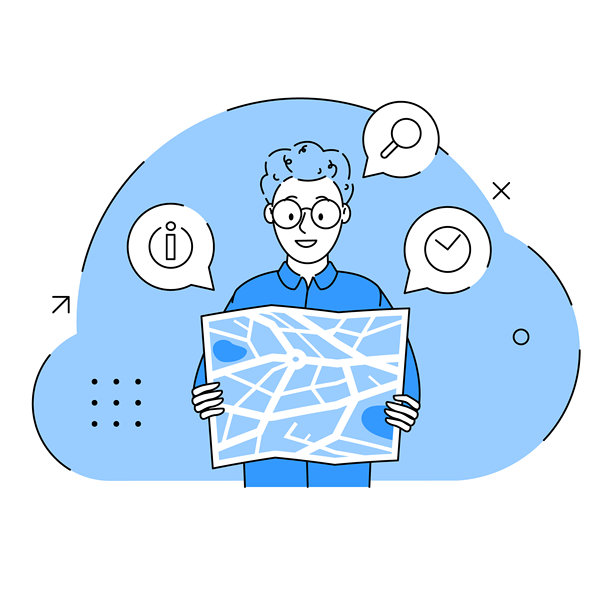 男人在地图上寻找路线并做出选择。手持地图寻找路线和地点。选择前进方向。有效的商业解决方案。正确的决策。扁平化插画图片下载