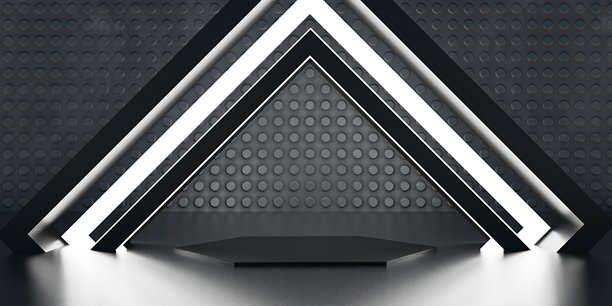 现代展厅，三角形舞台和霓虹灯，科技背景，3D插画图片下载