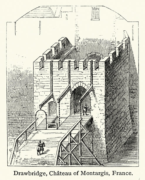 中世纪建筑，城堡的吊桥和加固入口，复古插画，19世纪，维多利亚时期图片下载