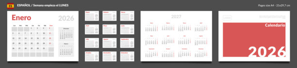2026年西班牙语日历计划表模板，包含月度页面、带照片位置的封面、公司Logo、2027年年历。适用于墙面或桌面日历的矢量布局，周一作为一周的开始。A4尺寸页面。图片下载
