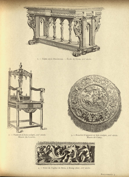 文艺复兴历史，装饰艺术，雕刻桌，扶手椅，建筑饰带，16世纪，复古插画图片下载