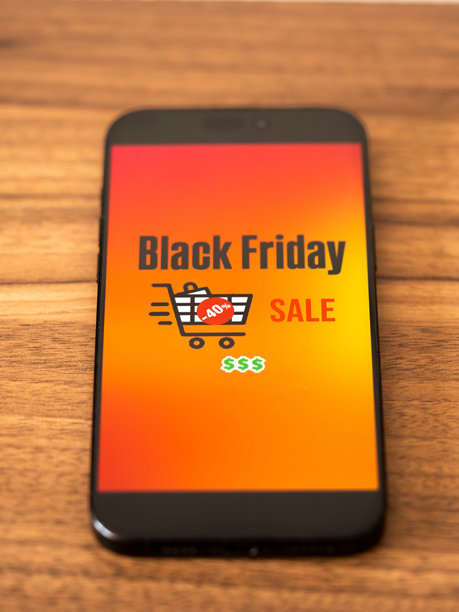 黑色星期五照片。极简风格的黑色星期五标志，一手拿着手机和折扣优惠。适用于黑色星期五促销、广告和社交媒体的竖版设计。图片下载
