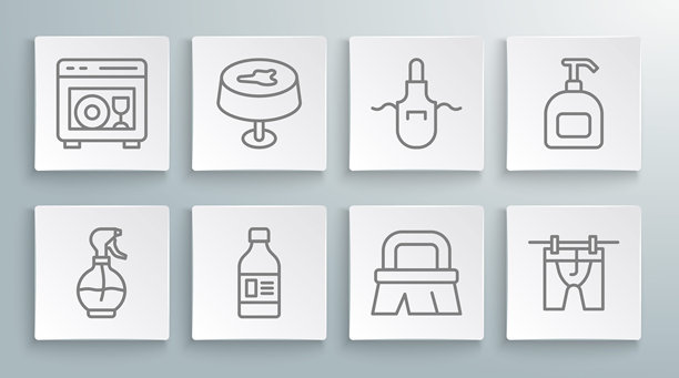 喷水瓶、桌布上的污渍、清洁剂瓶、刷子、晾干的衣服、厨房围裙、液体肥皂和洗碗机图标的线条集合。矢量图示图示图示图示图示图示矢量图示图示矢量图示例文图片下载