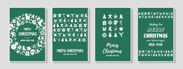 一套复古风格的彩色圣诞贺卡。装饰有圣诞老人、圣诞树、驯鹿、礼物和雪花图标。矢量插画图片下载