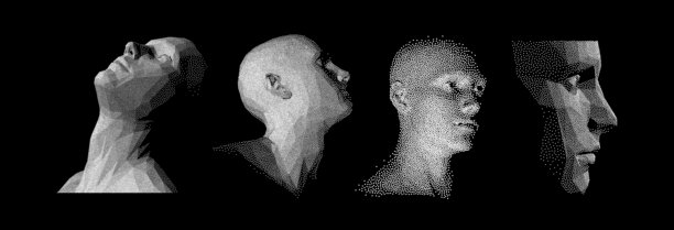 四张由粒子构成的抽象人脸。科技概念。匿名社交伪装。网络安全。黑白。矢量插画。图片下载