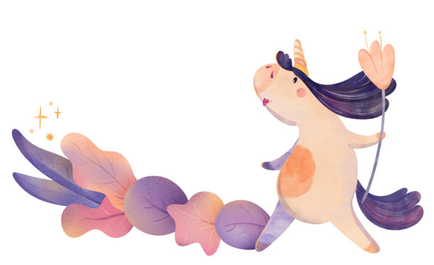 可爱独角兽手持鲜花，伴随彩色落叶和闪光。适合婴儿房装饰、儿童读物、婴儿派对、童话设计、贺卡、文具的可爱儿童插画。图片下载