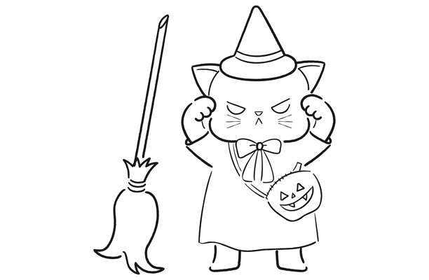 一只打扮成女巫的黑猫，线条画，松散可爱的万圣节插画图片下载