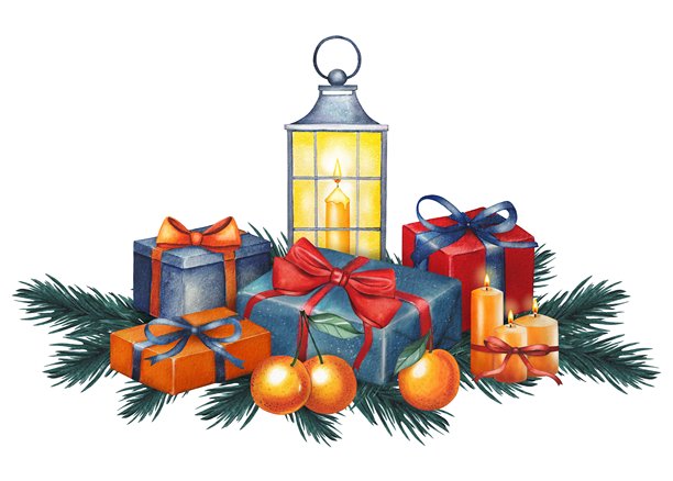 手绘红蓝圣诞礼品盒，搭配松枝、橘子、灯笼和蜡烛。水彩插画。图片下载
