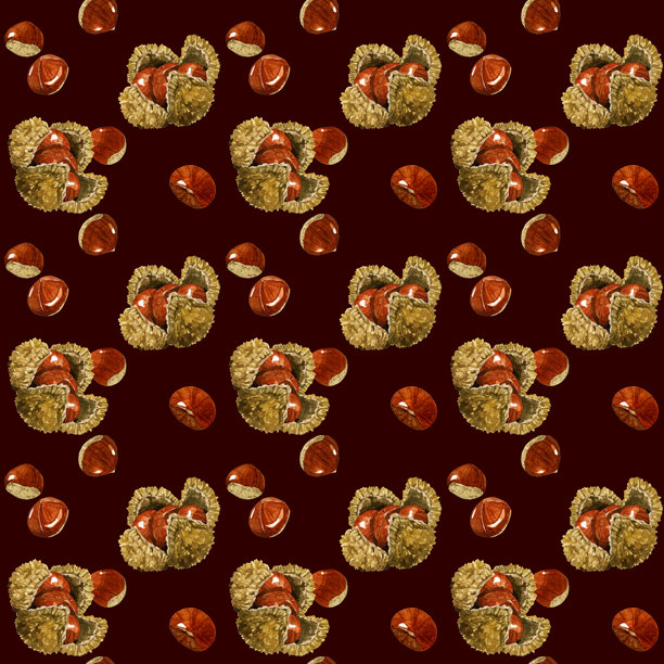 无缝栗子图案。手绘水彩插画背景素材，充满秋日风味。图片下载