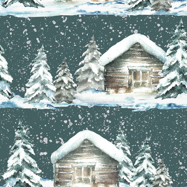 雪景圣诞，冬季风景水彩无缝图案。雪屋，树木插画图片下载