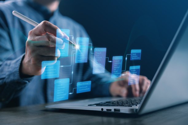 专业人士在数字界面上设计数据库模式和数据结构，展示数据连接、系统架构和信息管理，以提供创新的商业技术解决方案。图片下载