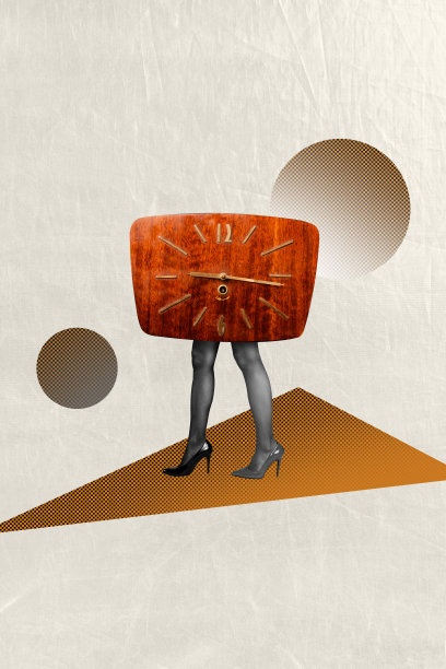 复古风格的杂志图片，垂直拼贴画，一位匿名女孩，身体被遮挡，展现复古手表表盘，象征时间管理概念、倒计时和失效的制度。图片下载