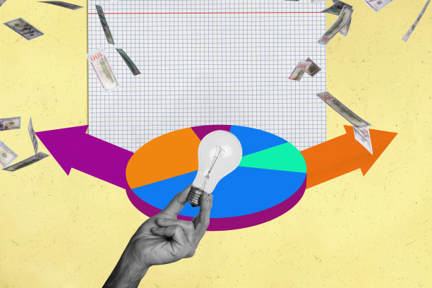 拼贴潮流杂志照片，展示手握灯泡、箭头、发展、成功、推广图表图标和进步。图片下载