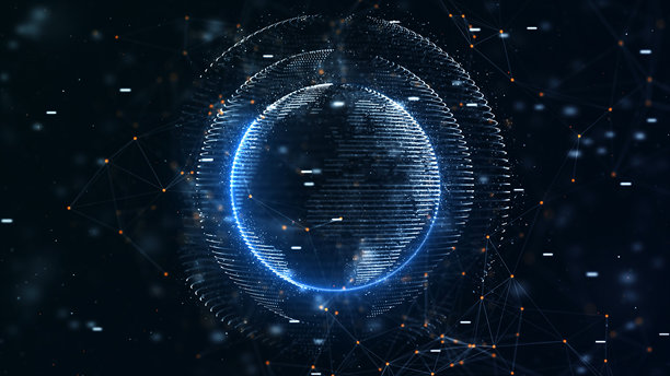 现代企业大楼外墙映射的数字世界 - 数字城市，智慧城市 4K 素材图片下载