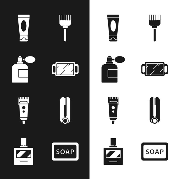 手持镜子、带喷雾的须后水瓶、乳霜化妆品管、发刷、电动理发器剃须刀、卷发棒、肥皂泡沫和图标。矢量图示图示图示例文本图片下载