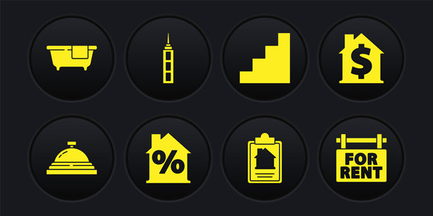 酒店服务铃、美元符号房屋、百分比折扣、合同、楼梯、摩天大楼、出租招牌和浴缸图标组合。矢量图示向量图片下载