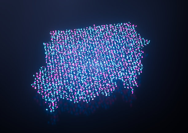 发光的苏丹数字地图，粉色和蓝色霓虹粒子 3D 插画图片下载