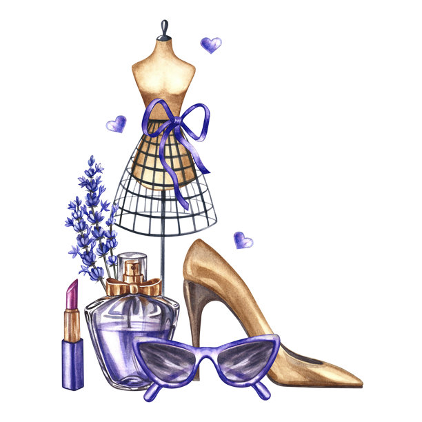 香水瓶、薰衣草、时尚眼镜、口红、女鞋和服装模特。手绘水彩插画。美妆与时尚。国际妇女节。图片下载