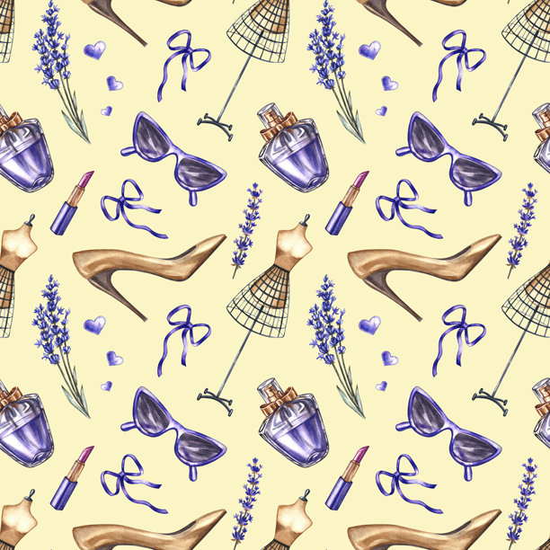 女性配饰无缝图案。手绘水彩插画。香水瓶、薰衣草、时尚眼镜、口红、女鞋和人体模型。美容与时尚。图片下载