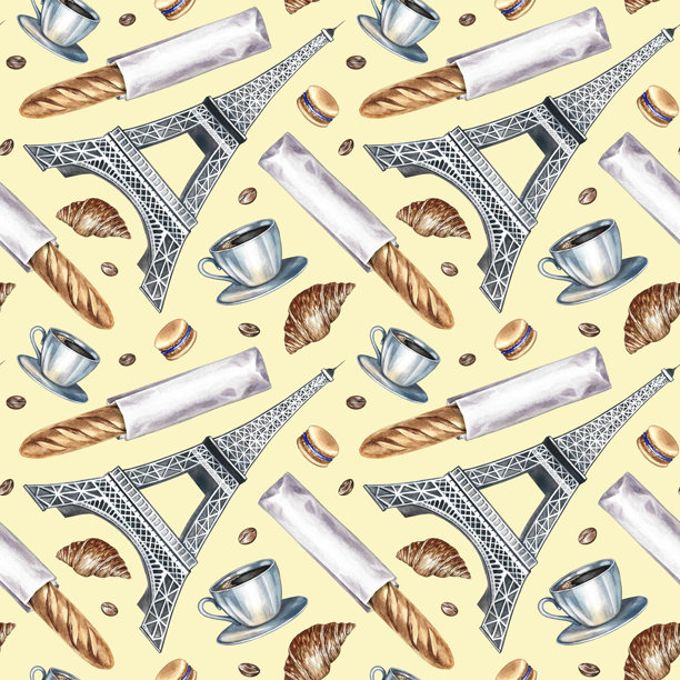 法式糕点无缝图案。手绘水彩插画。法式长棍面包、杏仁饼干、羊角面包、埃菲尔铁塔。适用于咖啡馆设计和装饰、菜单、包装纸、纺织品图片下载
