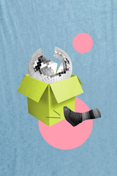 照片图像艺术潮流横幅拼贴，人类腿部推纸箱，迪斯科球，夜总会，庆祝派对，黑色星期五图片下载