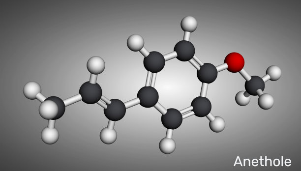 茴香脑分子（反式茴香脑）。来自茴香和茴香的香味化合物，甜美的香气用于调味和香料。骨架化学式。分子模型。三维渲染。插画图片下载