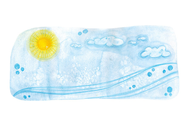 阳光穿透的白天天空。手绘水彩插画，风格化卡通。适合剪贴簿、贺卡和儿童建筑套件。旅行、冒险、自然图片下载