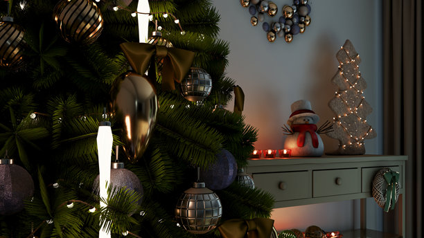 圣诞树 豪华现代明亮室内客厅样机插画 3D渲染图图片下载