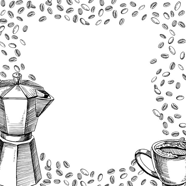 一个方形画框，里面有摩卡壶、马克杯和咖啡豆。适合咖啡馆设计、菜单、内饰、价签、包装、招牌、海报和明信片的写实矢量插画。图片下载