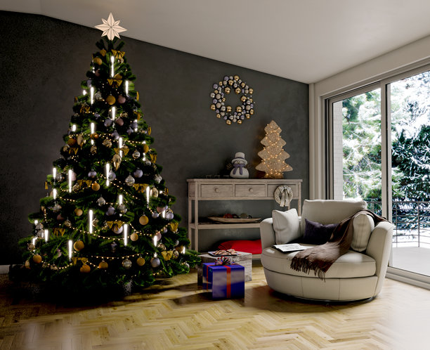 圣诞树 奢华现代明亮室内客厅样机插画 3D渲染图图片下载