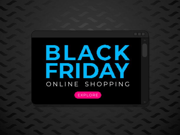 黑色星期五在线购物明亮网页广告横幅。黑色浏览器屏幕边框上的蓝色文字。深色几何图案背景。粉色按钮。矢量插画图片下载